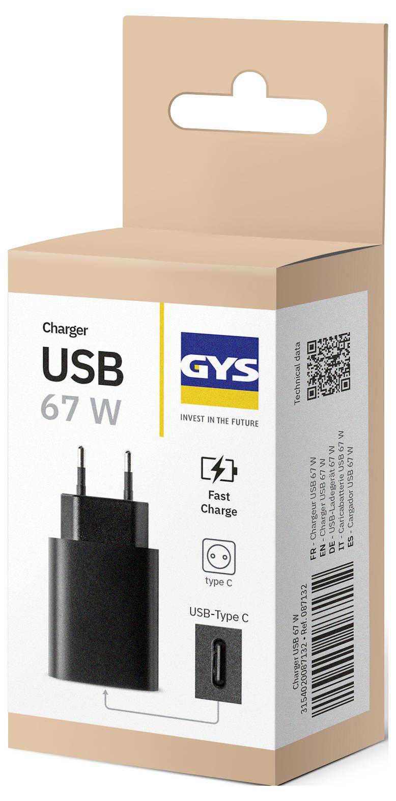 Box packaging for a 67W USB charger, featuring fast charge and USB Type-C port. The brand 'GYS' is prominently displayed.