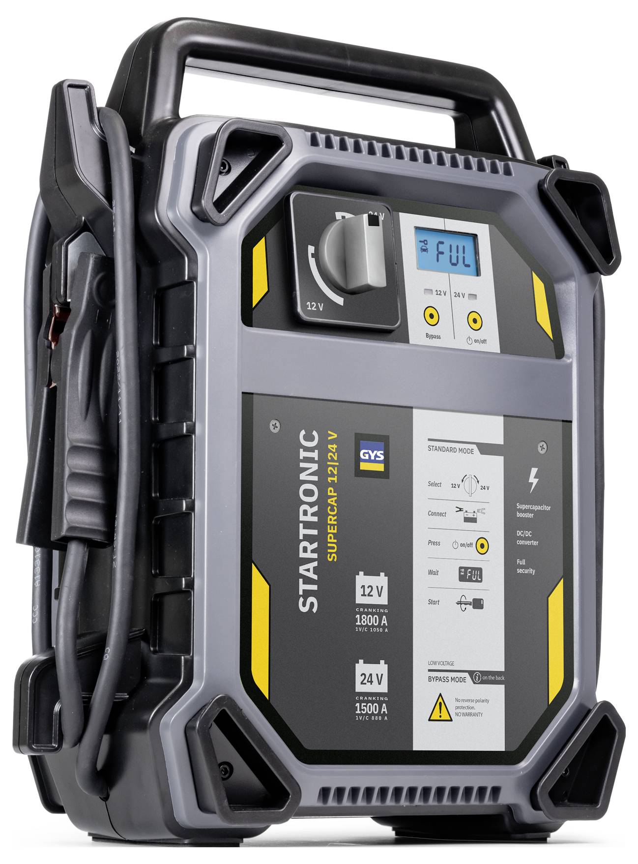 A portable battery charger with a digital display showing 'FULL'. It supports 12V and 24V with 1800A and 1500A capabilities, respectively.