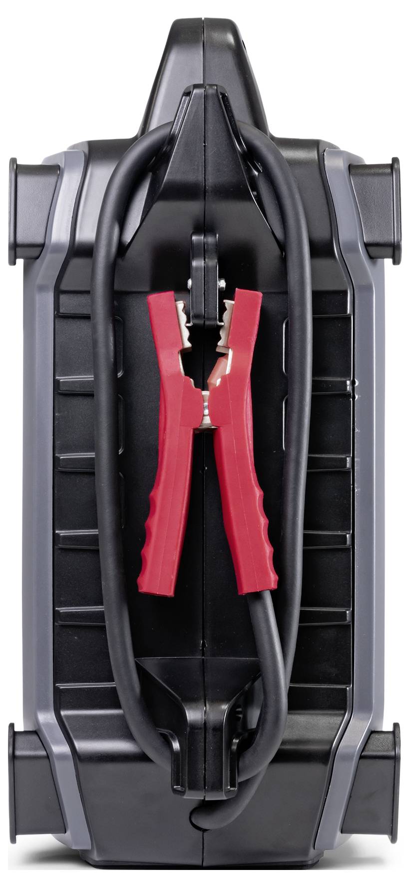 A portable car battery jump starter with attached red and black clamps, used for emergency vehicle startups.
