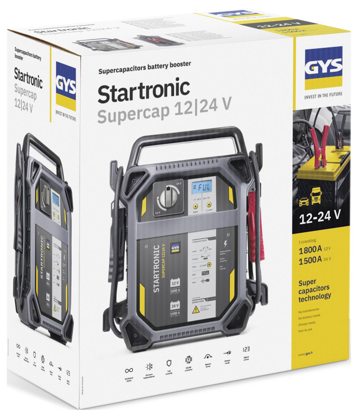 'Startronic Supercap 12/24 V' box showing a battery booster device with supercapacitors technology, GYS branding, and performance specs.