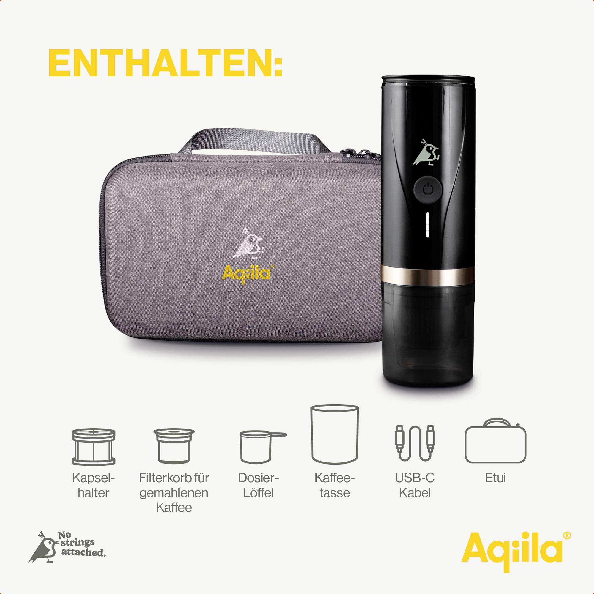 'ENTHALTEN': Portable coffee maker, capsule holder, filter basket, measuring spoon, coffee cup, USB-C cable, case. Brand: Aqiila.