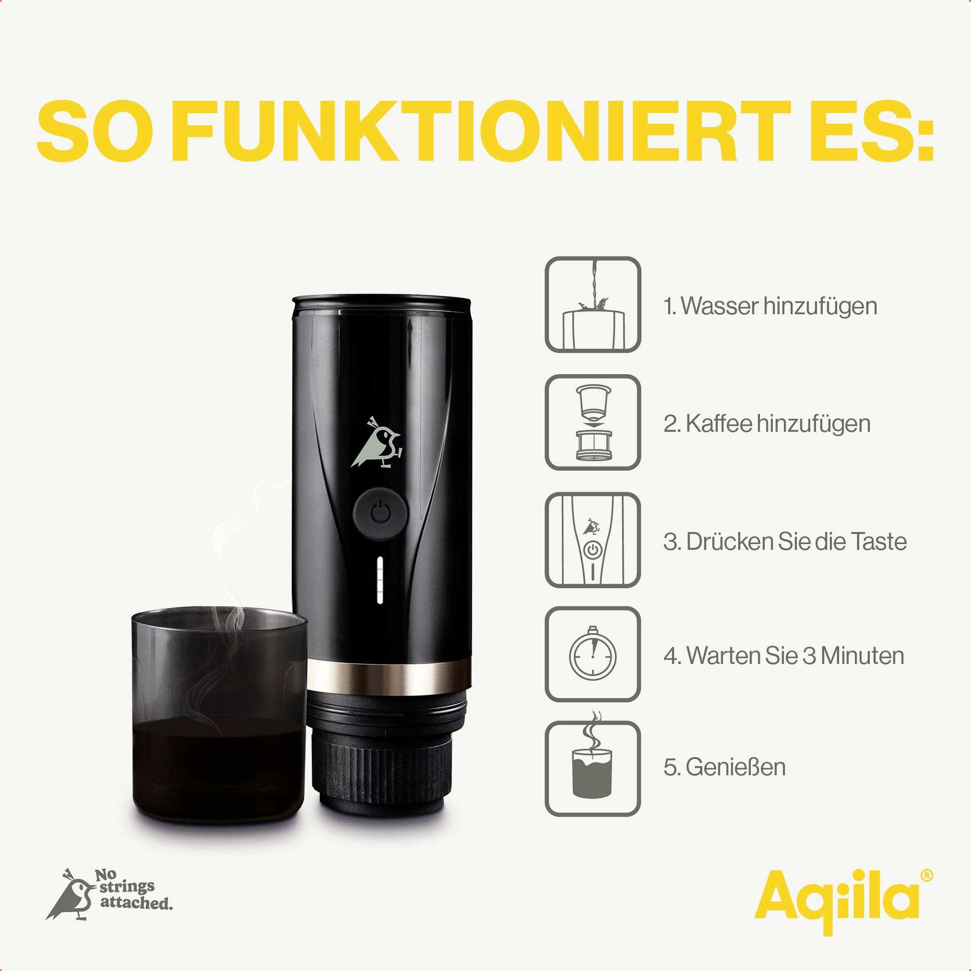 'So funktioniert es: 1. Wasser hinzufügen 2. Kaffee hinzufügen 3. Drücken Sie die Taste 4. Warten Sie 3 Minuten 5. Genießen.' Image shows a black coffee maker with a transparent cup. Logos and icons included.