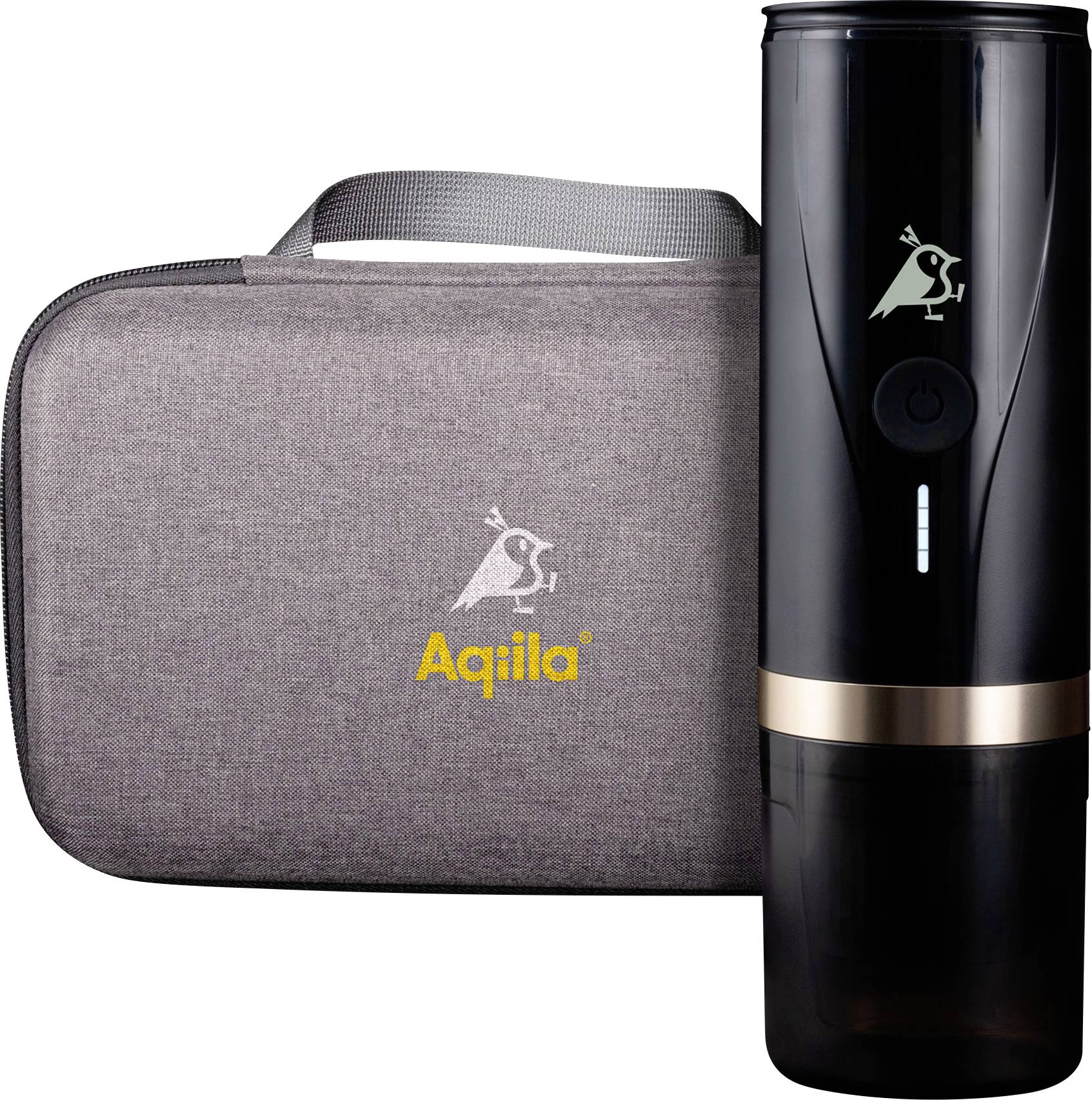 'Aquila' black portable electric blender with a gold accent and a gray carrying case. The blender has a power button and charge indicator.