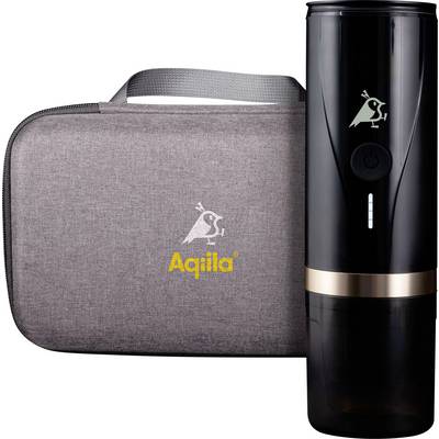 'Aquila' black portable electric blender with a gold accent and a gray carrying case. The blender has a power button and charge indicator.