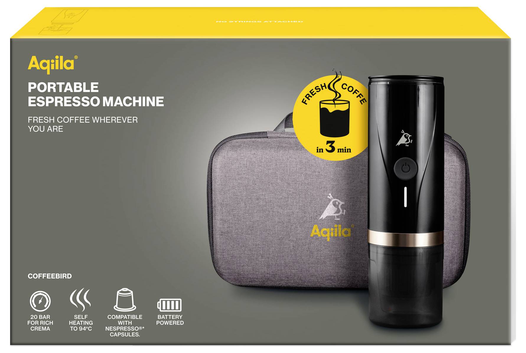 'Portable Espresso Machine' package showing coffee maker and carrying case. Highlights features: 20 bar pressure, self-heating, capsule-compatible, battery powered.