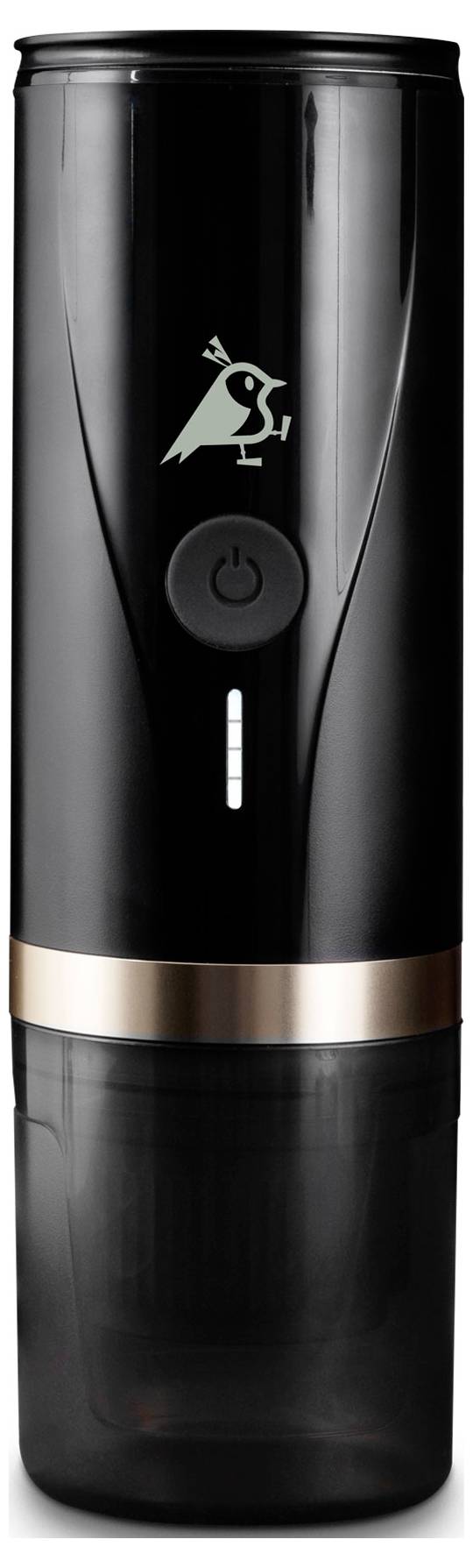 A sleek, black portable coffee grinder with a small bird logo, a power button, and an illuminated indicator stripe.