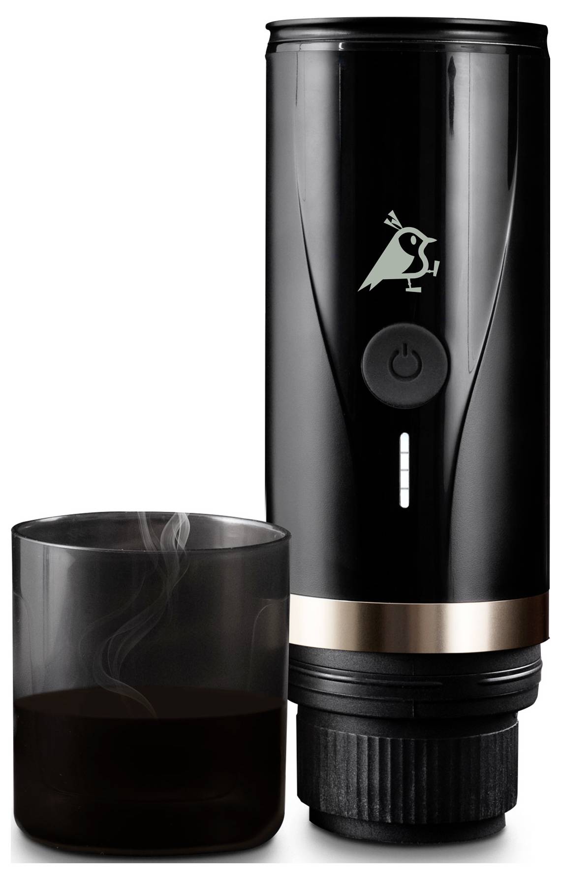 A sleek, black portable coffee maker with a gold base and a matching mug, emitting steam, implying it's freshly brewed.