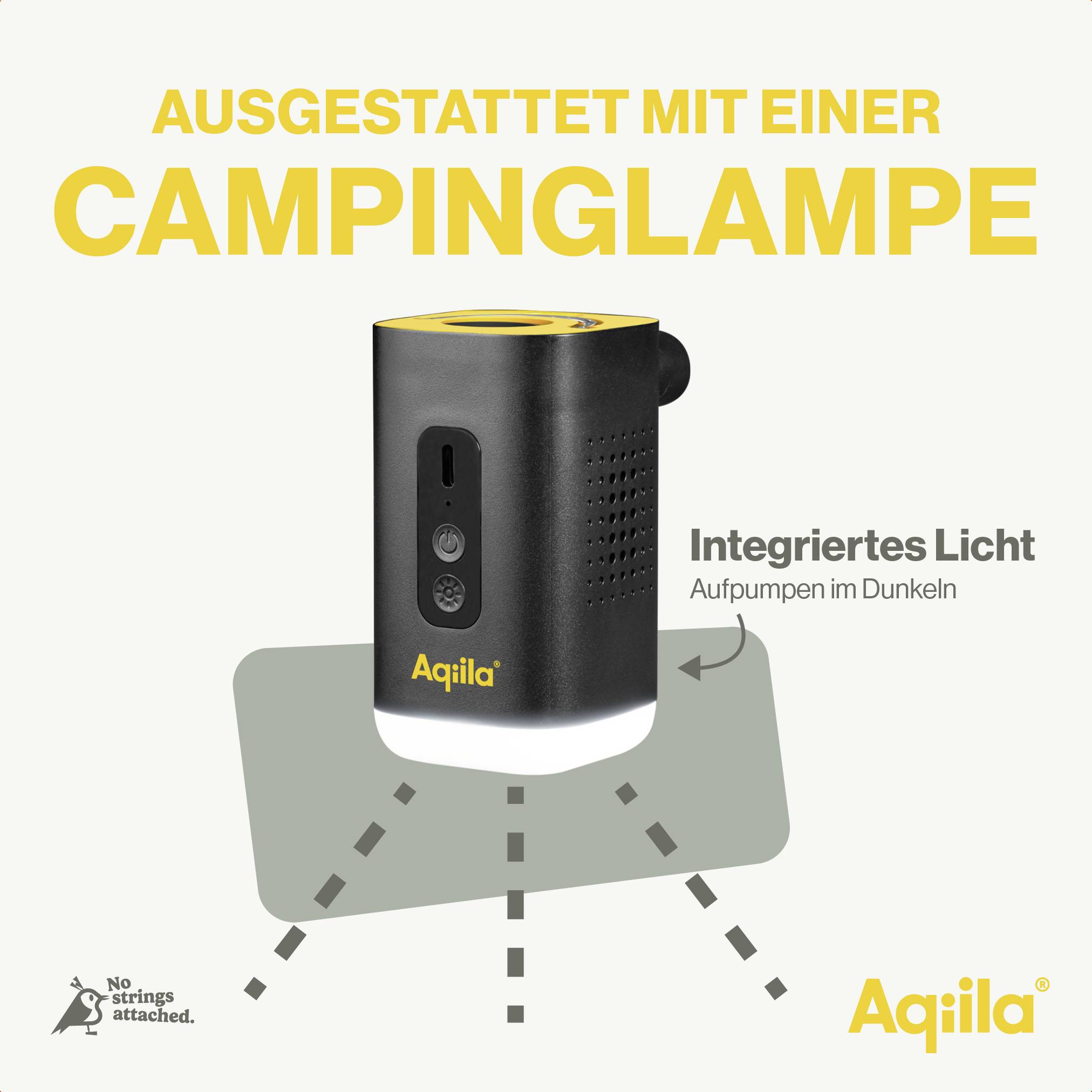 'Ausgestattet mit einer Campinglampe' text above an image of a black device with an integrated light feature, labeled 'Aqiila'.
