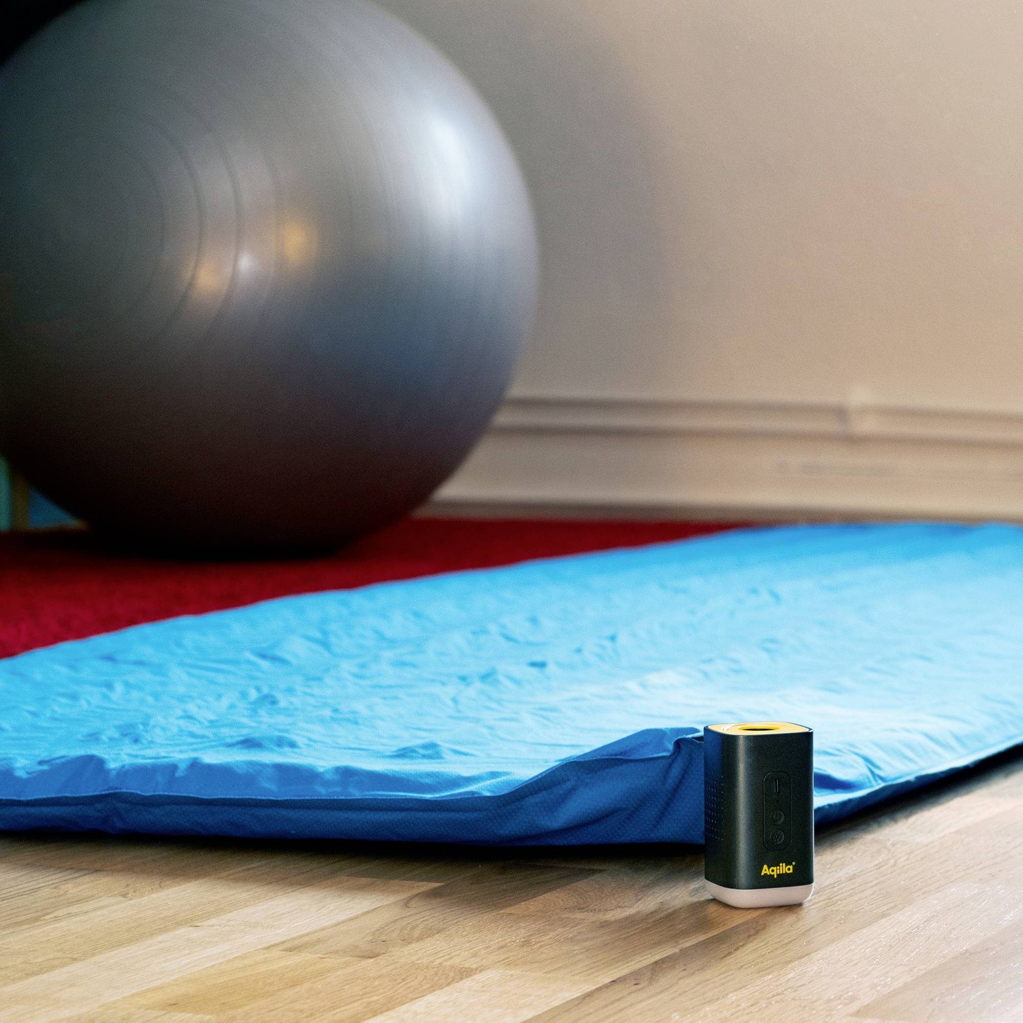 A blue exercise mat on a wooden floor with a large gray exercise ball in the background and a small black speaker on the mat's edge.