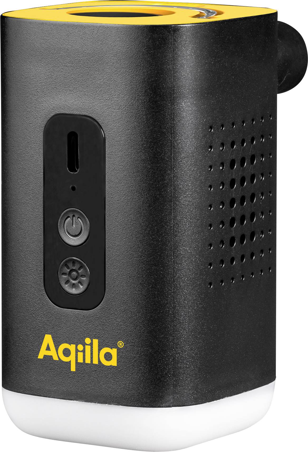 A black and yellow rectangular speaker with control buttons on the front and perforations on the side for sound output. The brand name 'Aqiila' is printed at the bottom.