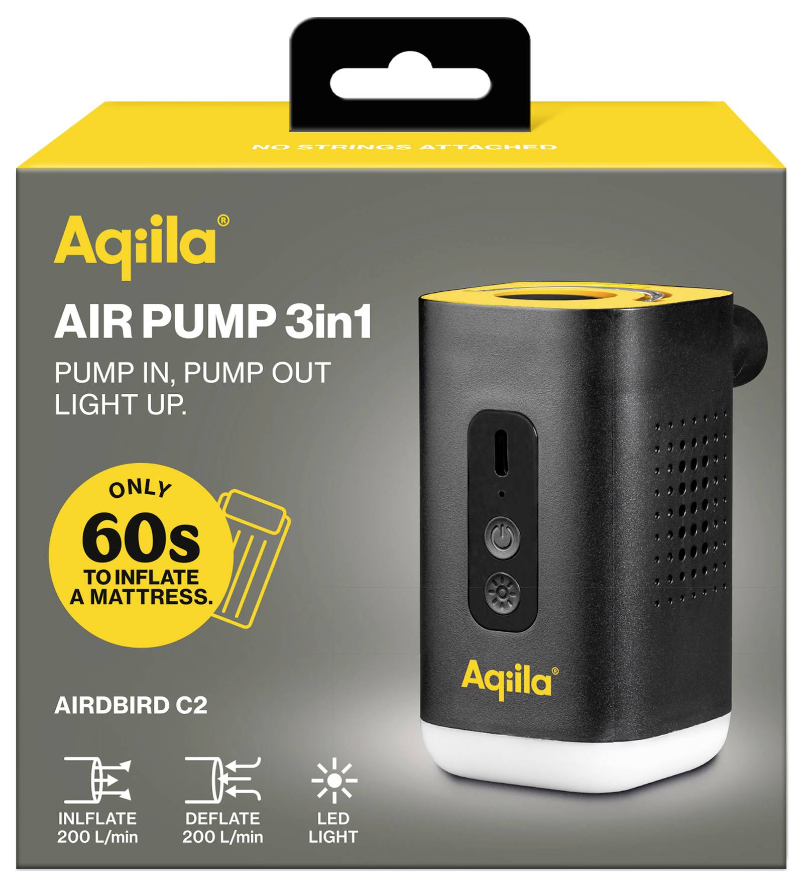 Aqíila Air Pump 3in1: Compact device with air pump, deflator, LED light. 'Only 60s to inflate a mattress.' Model: Airbird C2.