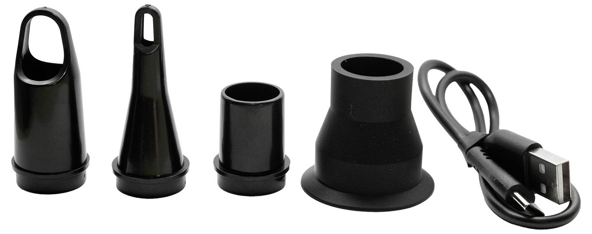 'Image of four black nozzle attachments and a USB cord designed for a vacuum tool, each with a unique shape for specific cleaning tasks.'
