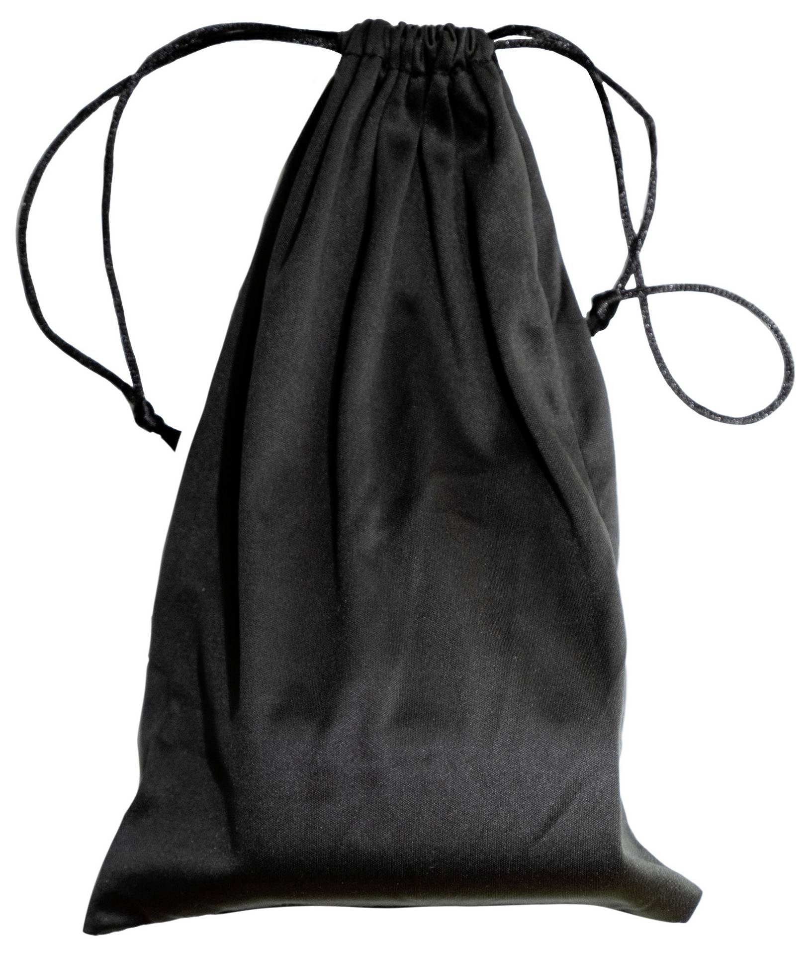 A drawstring bag made of black fabric, closed at the top, with two black strings for tightening and carrying.