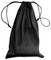 A drawstring bag made of black fabric, closed at the top, with two black strings for tightening and carrying.