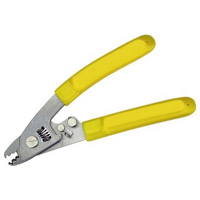 A pair of metal wire strippers with yellow rubber handles, featuring adjustable settings for stripping different wire sizes.