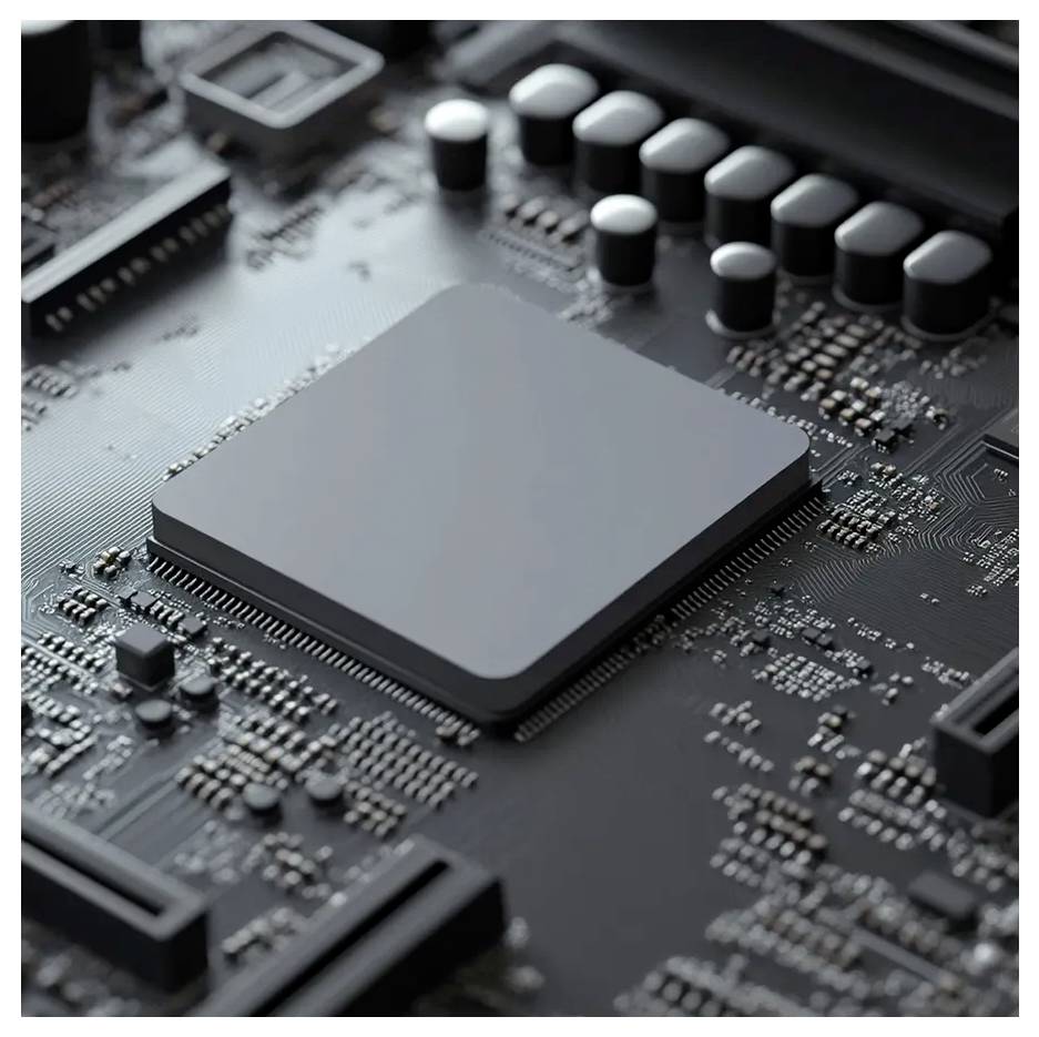 A close-up view of a computer motherboard, highlighting the central processing unit and various electronic components surrounding it.