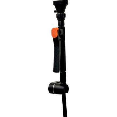 A black and orange adjustable tripod with a lever and rotating mechanism, used for stabilizing cameras or other equipment.