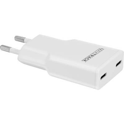 A dual-port USB wall charger with two USB-C ports and a logo that reads 'MaxTrack'. The charger is designed for European outlets.
