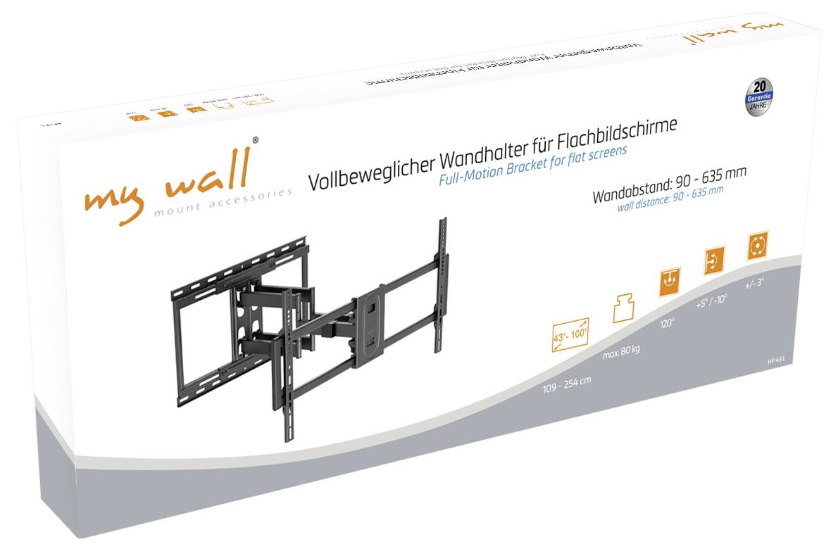 Box for 'my wall' full-motion bracket for flat screens. Shows bracket image, supports 37"-100" monitors, wall distance 90-635 mm, 20 kg max.