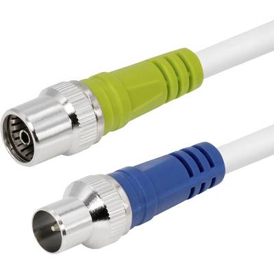 'Two coaxial cable connectors: male with green insulator, female with blue insulator, silver tips, connected to a white cable.'