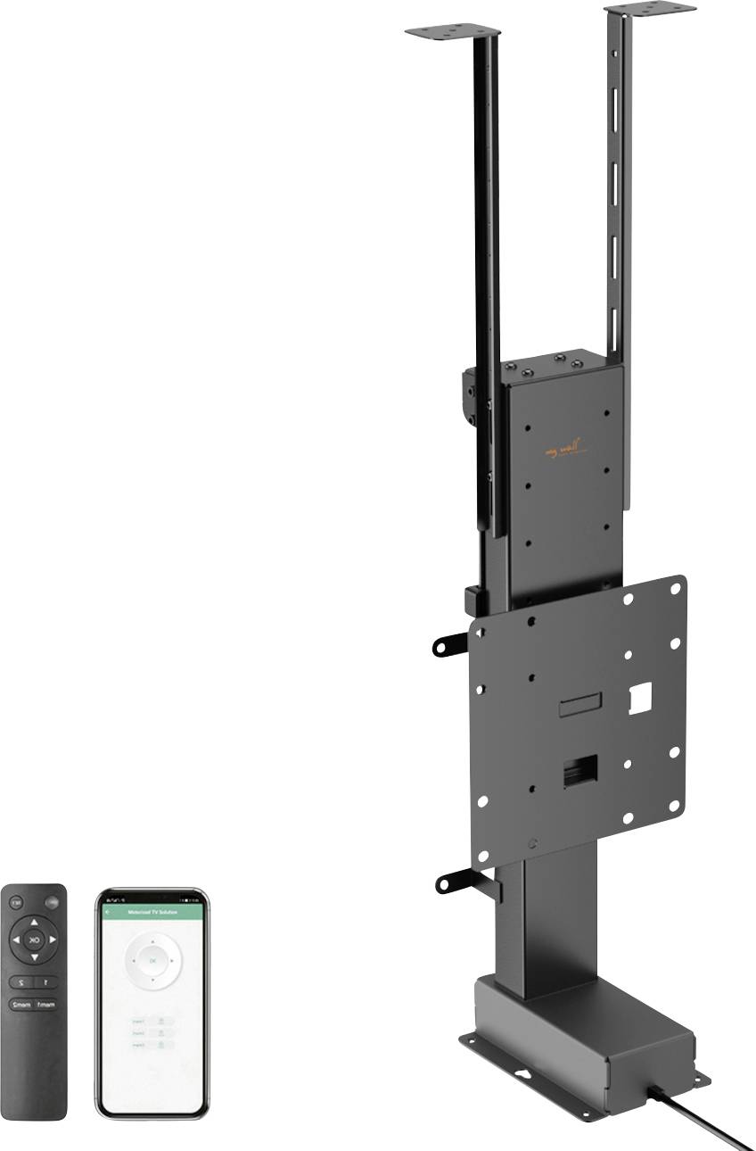 Motorized TV lift with remote control and smartphone app displayed. Vertical metal frame designed to raise and lower TVs.