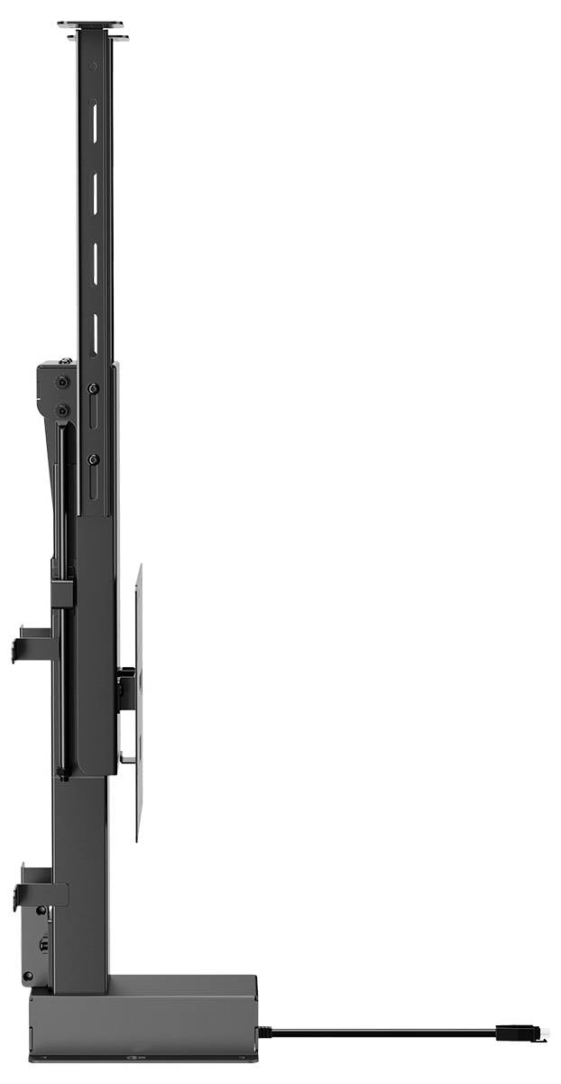 A side view of a height-adjustable monitor mount system, showcasing its vertical structure and telescopic mechanism, designed for ergonomic adjustments.
