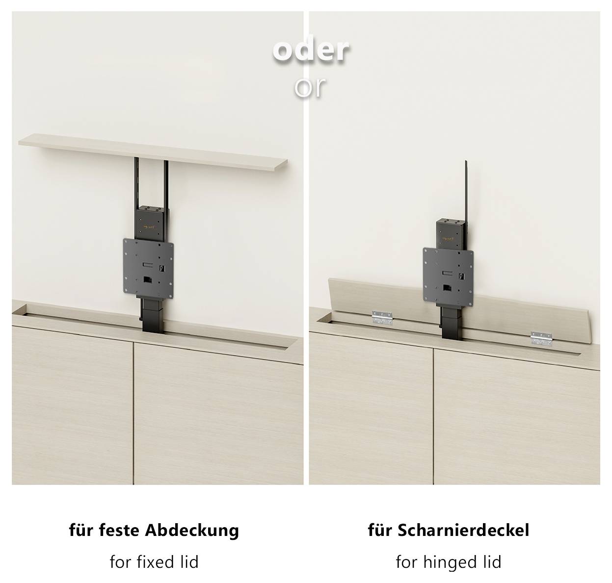 'Comparison of furniture mechanisms: one for a fixed lid and one for a hinged lid. Both mechanisms attach to a cabinet.'