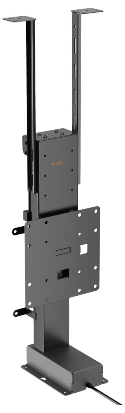 Uplift desk mount in black, featuring adjustable arms and a cable connection at the base.
