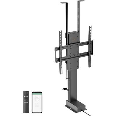 Motorized TV lift mechanism with remote control and app interface, suitable for flat-screen TVs. Ideal for easy height adjustment in home setups.