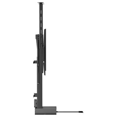A side view of a tall, slim electronic device stand with adjustable brackets and a power cable at the base.