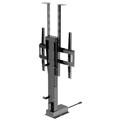 A black motorized TV mount designed for vertical lift, showing extendable arms and a base with wiring, suitable for ceiling installation.