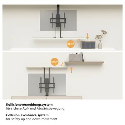 Two images show a collision avoidance system for a TV mount. The TV lowers, avoiding objects below. Captions read 'Collision avoidance system for safety up and down movement.'