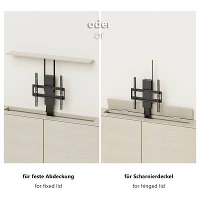 Two images show TV mounting solutions: left is for a fixed lid, right is for a hinged lid. Both are above a cabinet with mounting hardware.