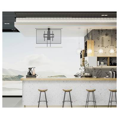 A modern cafe with a terrazzo counter, four bar stools, pendant lights, coffee machine, and shelving. Large window with mountain view.