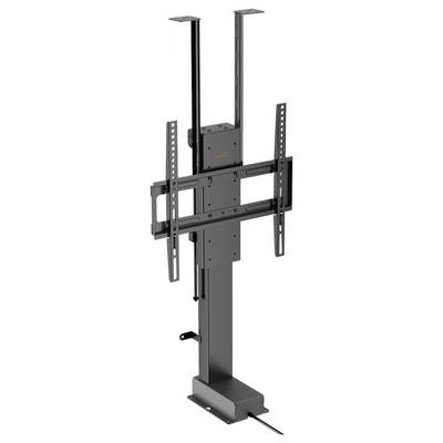 A black adjustable TV mount with vertical rails and a sturdy base designed for ceiling installation, suitable for large flat-screen TVs.