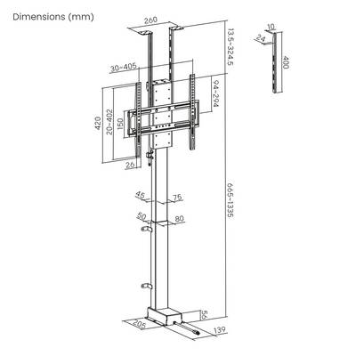 'Assembly diagram of a floor-to-ceiling TV mount bracket, showing various dimensions and components. Key measurements are labeled in millimeters.'