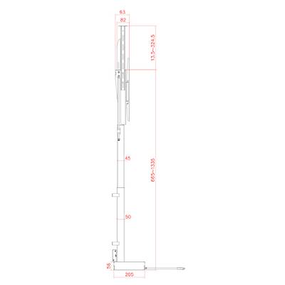 A technical diagram of a vertical adjustable stand with measurements: top height 152.5-249.5 units, middle section 665-1325, and base 205.