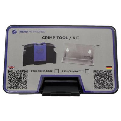 'Trend Networks Crimp Tool Kit' case with QR codes and flags for language selection. Contains crimp tool and kit.