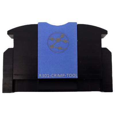 Crimping tool labeled 'R301-CRIMP-TOOL' with a blue central section featuring a metallic logo of interconnected nodes.