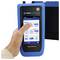 A hand holds a blue network tester displaying Wi-Fi and data connection icons on its screen. The device is labeled 'SignalTEK QT.'