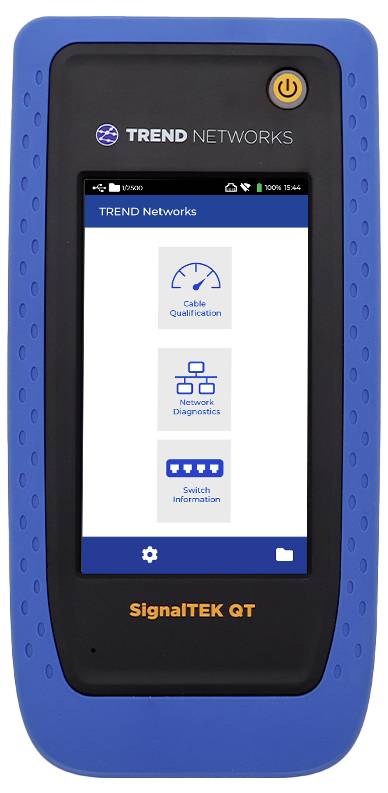 Handheld device displaying three options: 'Cable Qualification', 'Network Diagnostics', 'Switch Information'. Brand 'Trend Networks'.