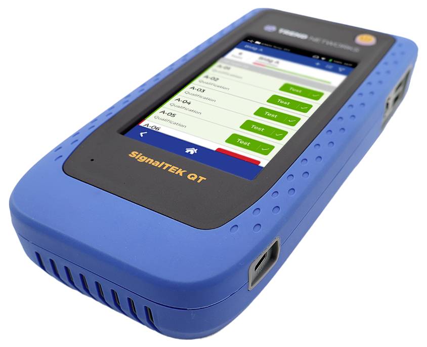 Portable network tester with a blue casing displaying a screen with test results labeled 'A-01,' 'A-02,' and 'A-03,' with 'Test' buttons.