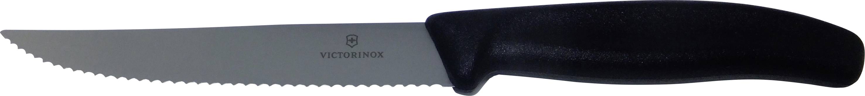 A serrated knife with a black handle, featuring the brand name printed on the blade, suitable for cutting bread or vegetables.