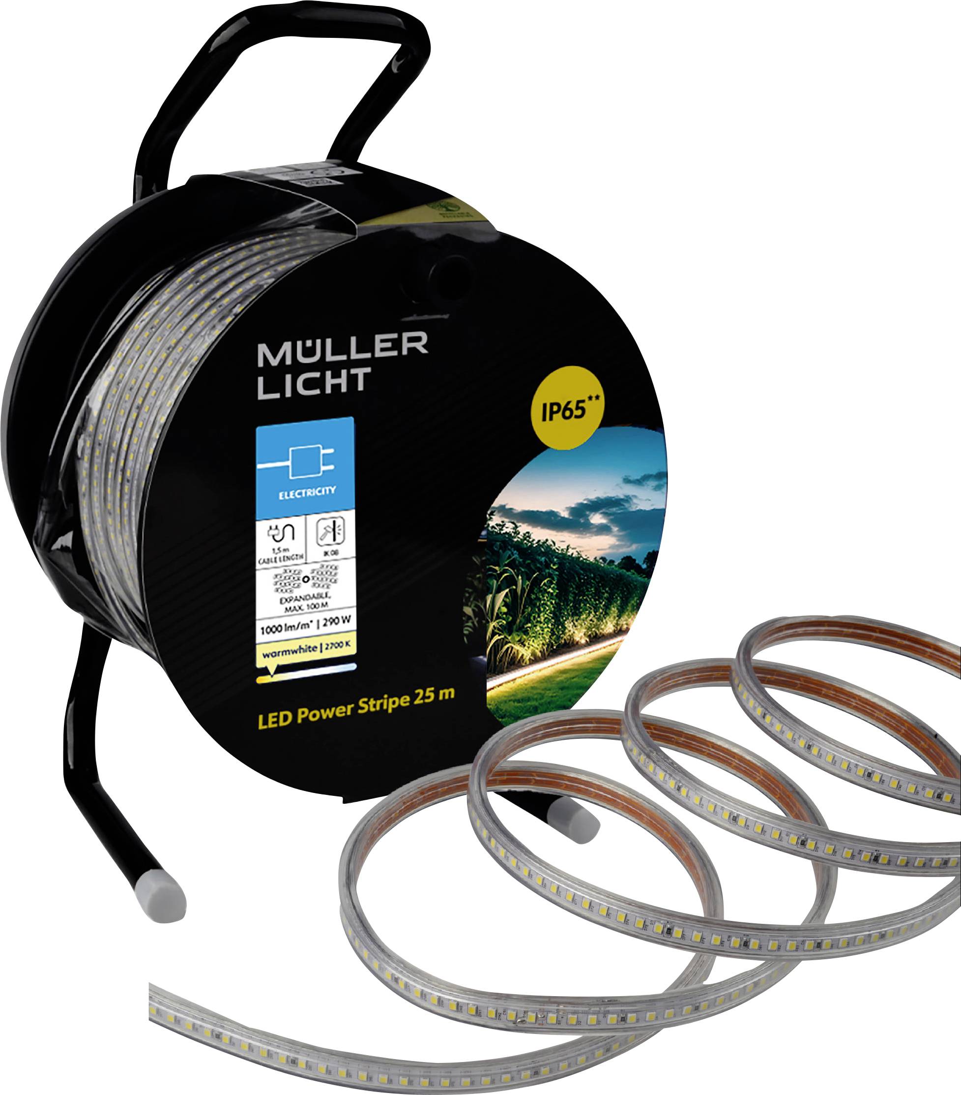 'LED Power Stripe 25m' reel by Muller Licht, marked IP65, suitable for outdoor use. Includes a printed scenery image of a field.