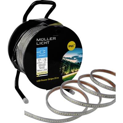 'LED Power Stripe 25m' reel by Muller Licht, marked IP65, suitable for outdoor use. Includes a printed scenery image of a field.