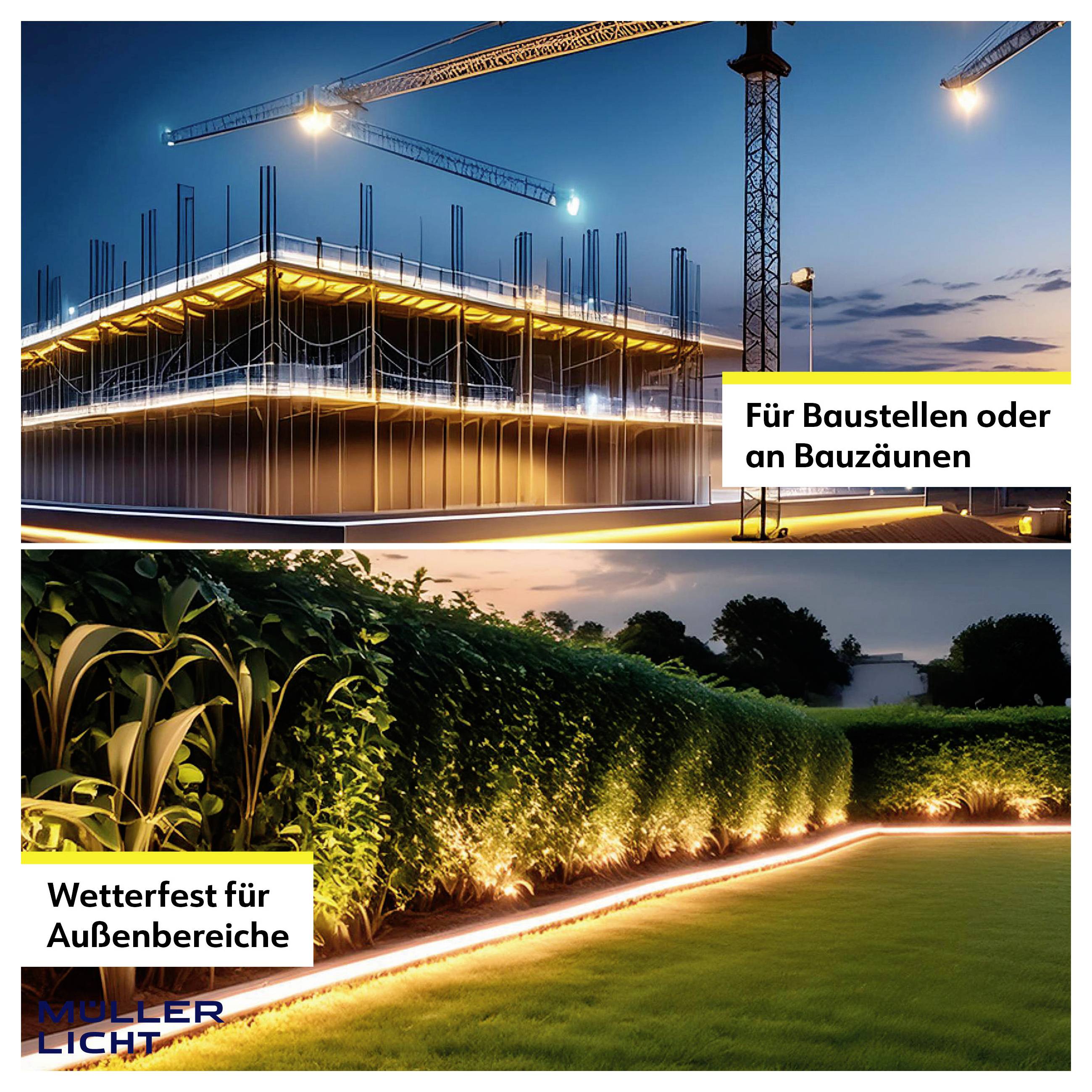 'LED strips illuminate a construction site and garden edge, highlighting their applications in outdoor areas. Weatherproof for construction or garden use.'