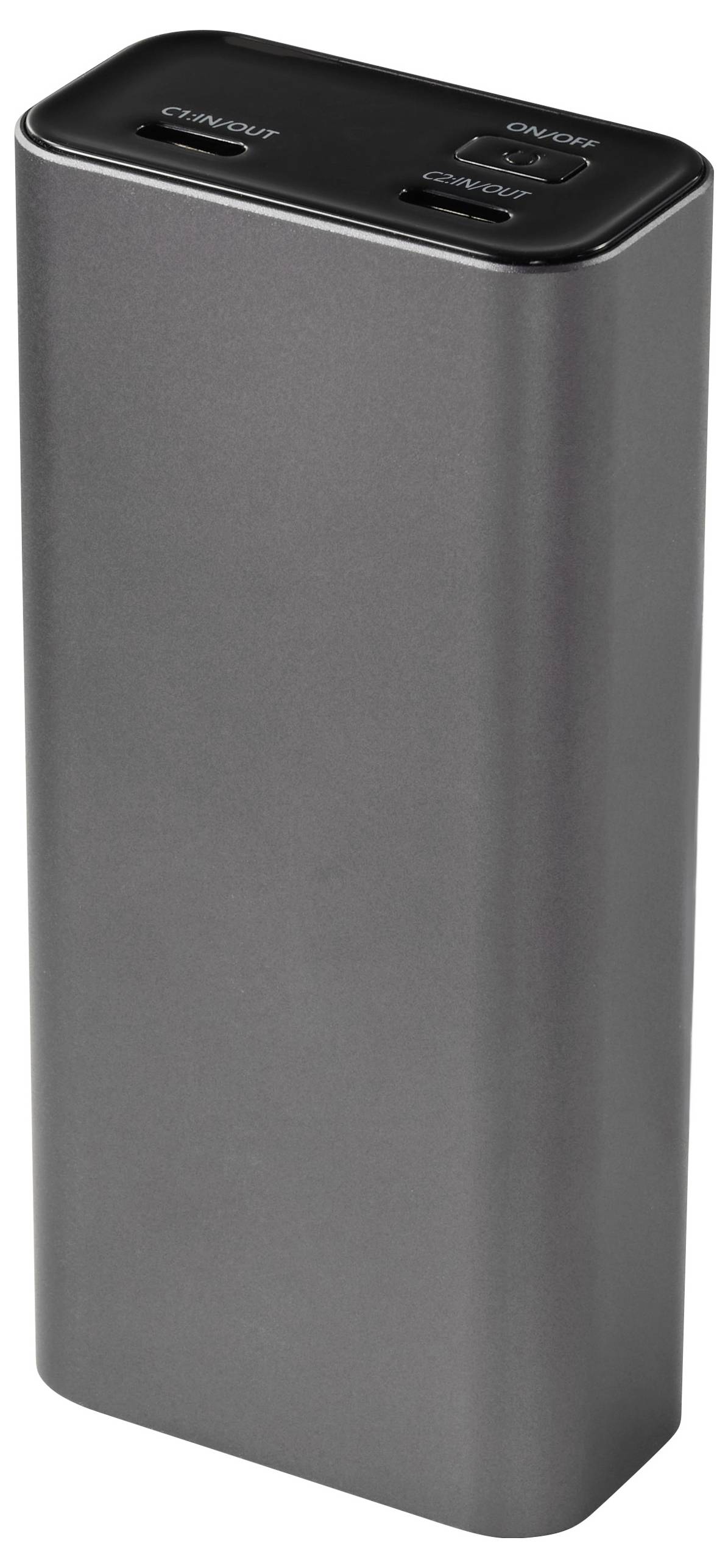A sleek, black portable power bank with labeled USB-C and USB-A charging ports on the top, designed for mobile device charging.