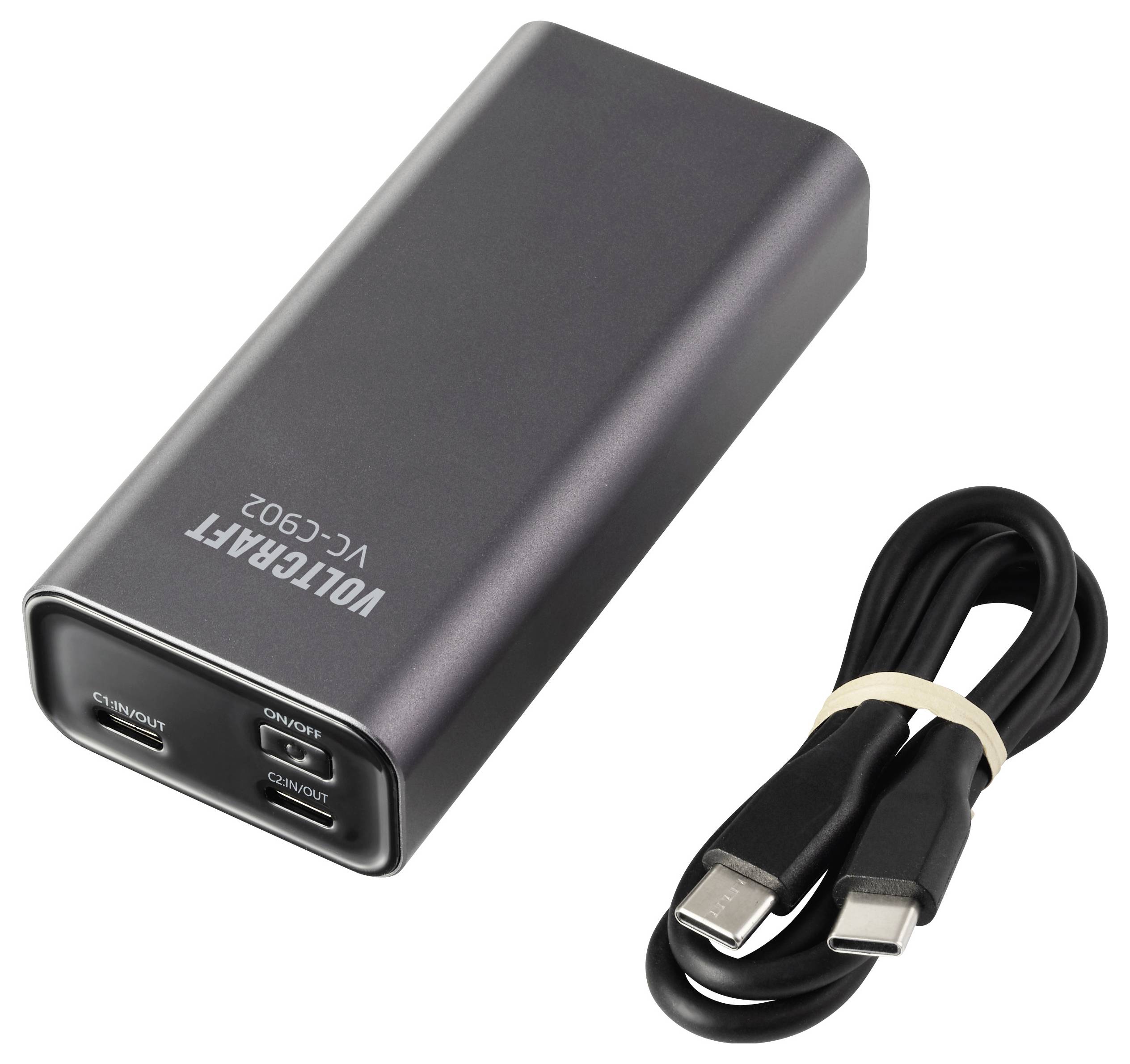 'Voltcraft VC-C902' dual USB-C port power bank with accompanying USB-C to USB-C cable, designed for charging electronic devices.