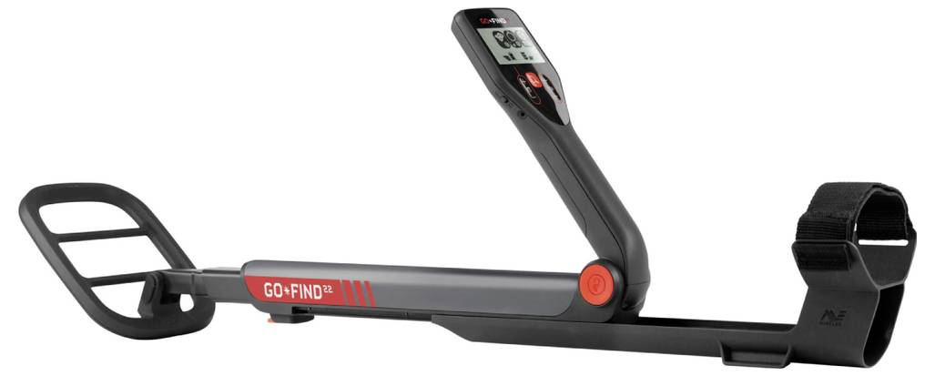 'GO-FIND 44' metal detector with a sleek black design, featuring a digital display and a foldable arm for easy portability.