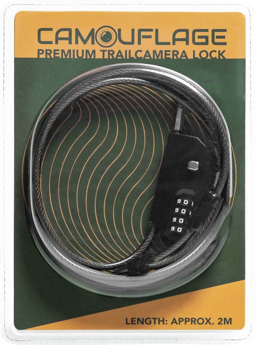 Packaging for 'Camouflage Premium Trail Camera Lock'; shows a coiled steel cable lock with combination dial; length: approximately 2 meters.